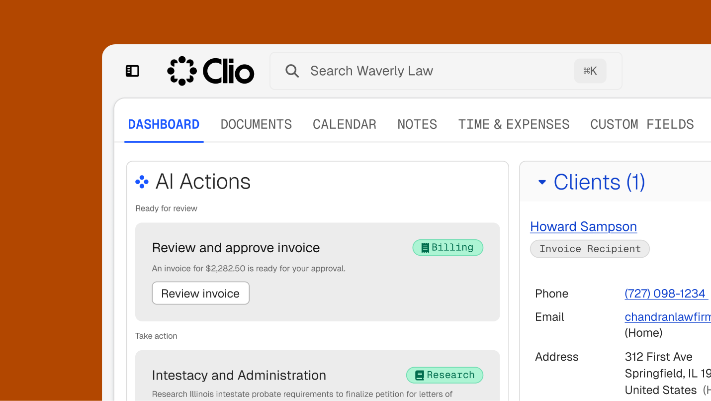 Clio legal software dashboard showing AI actions for invoice review and client details.