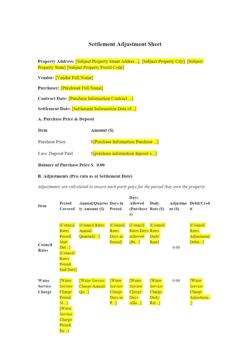 Settlement Adjustment Sheet