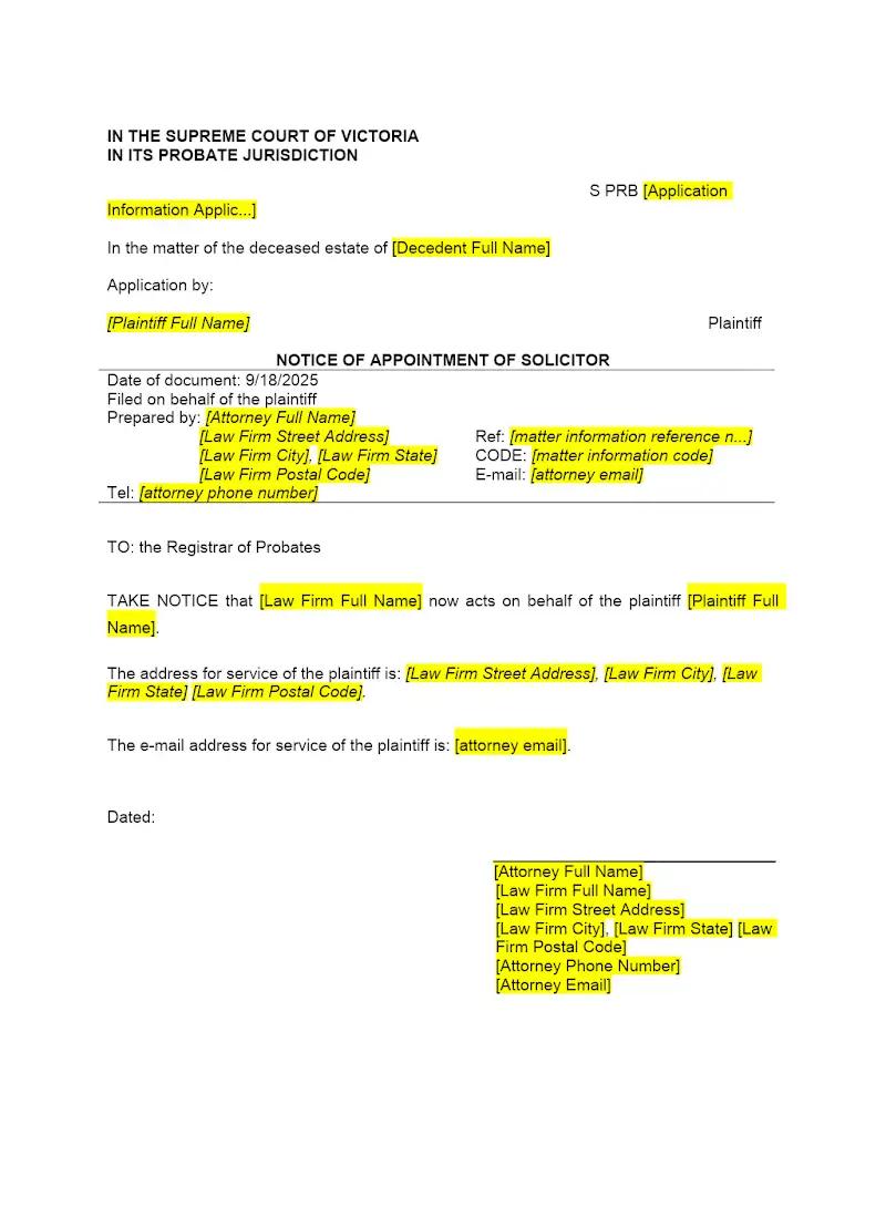 Notice of Appointment of Solicitor