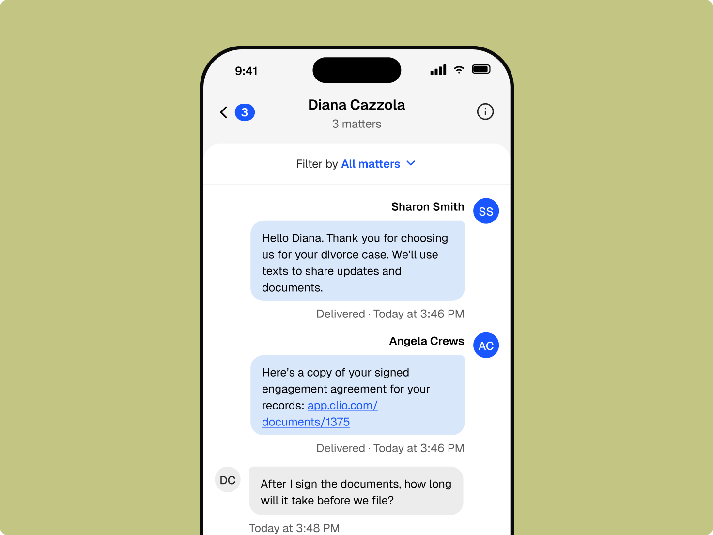Smartphone displaying a legal messaging app for a divorce case, showing client questions and shared documents.
