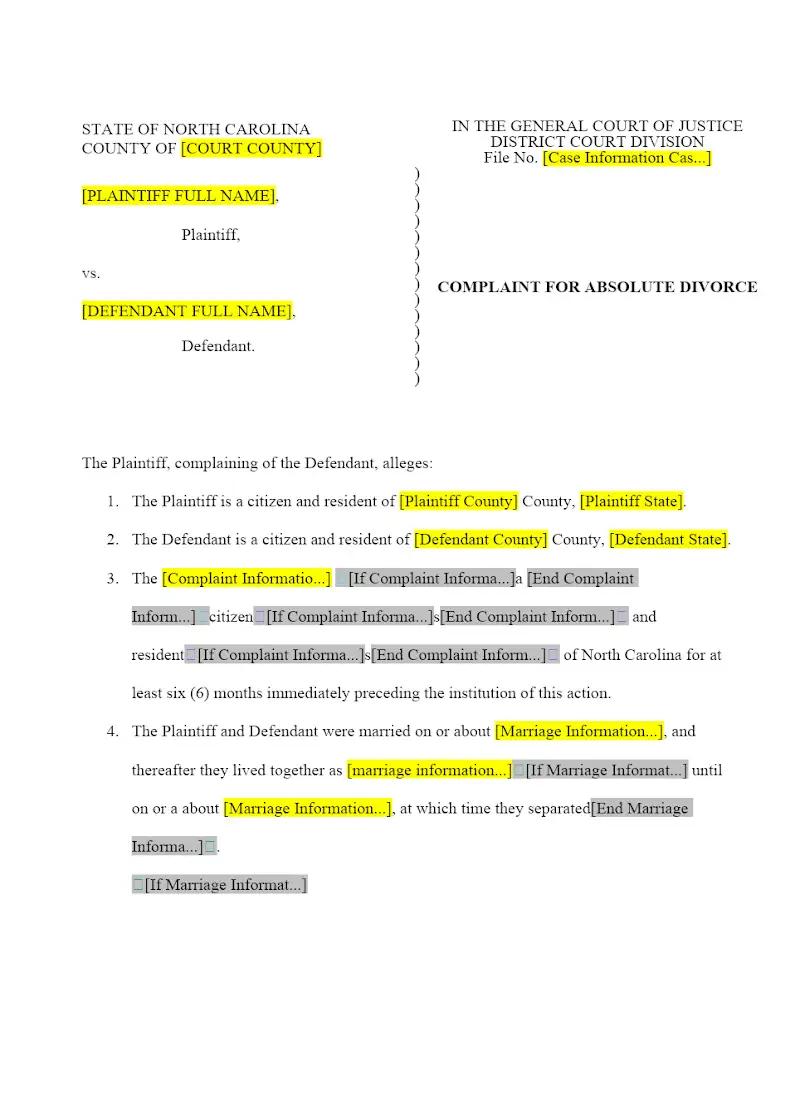 Complaint for Absolute Divorce