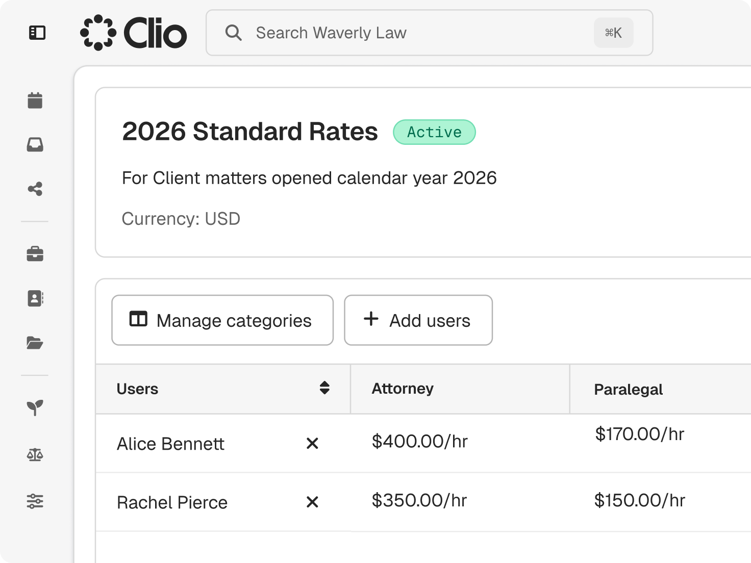 Clio rate table with standard hourly rates set for each user