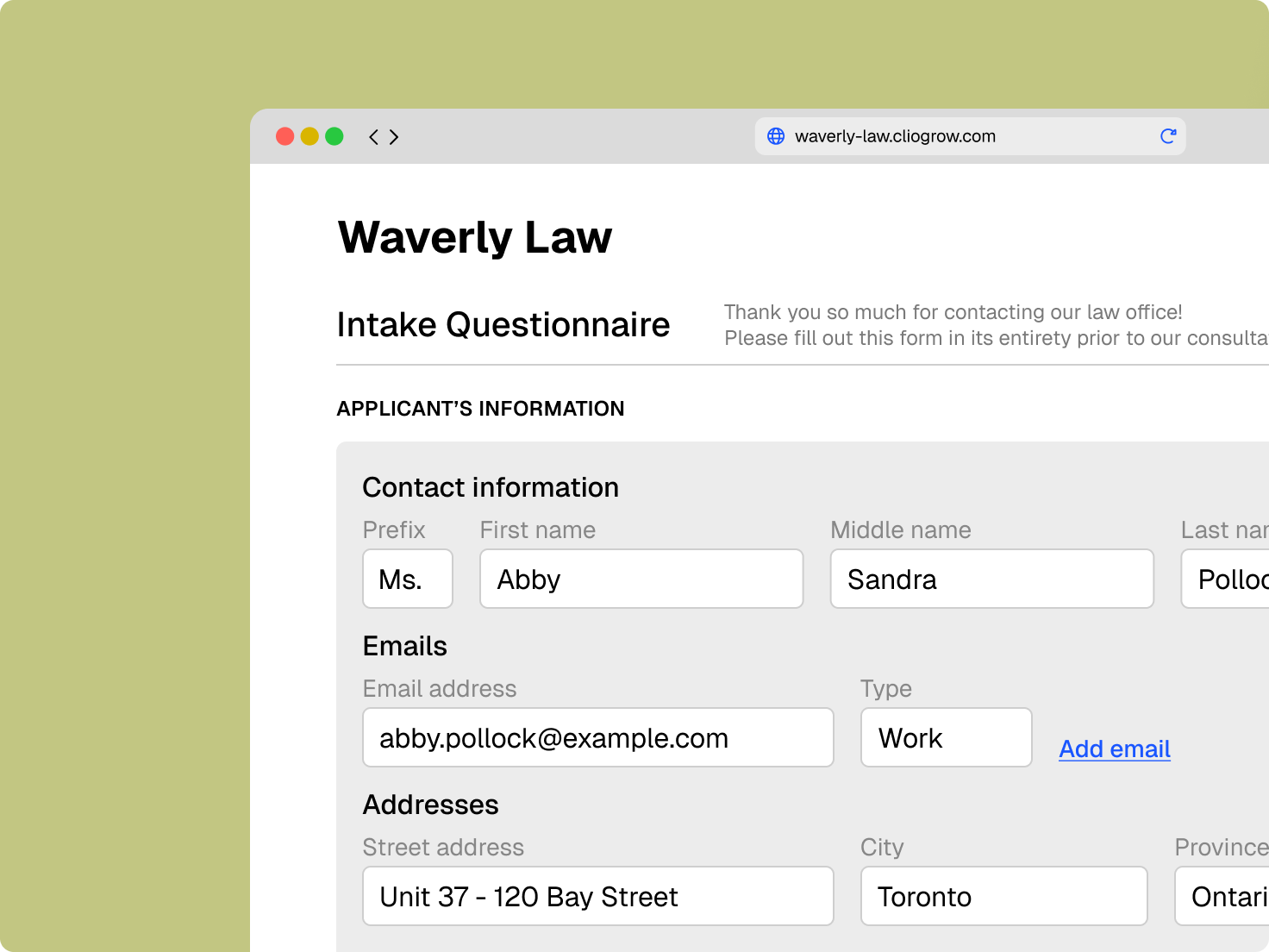 A law firm’s online intake questionnaire with a client’s name, email, and Toronto address filled in.