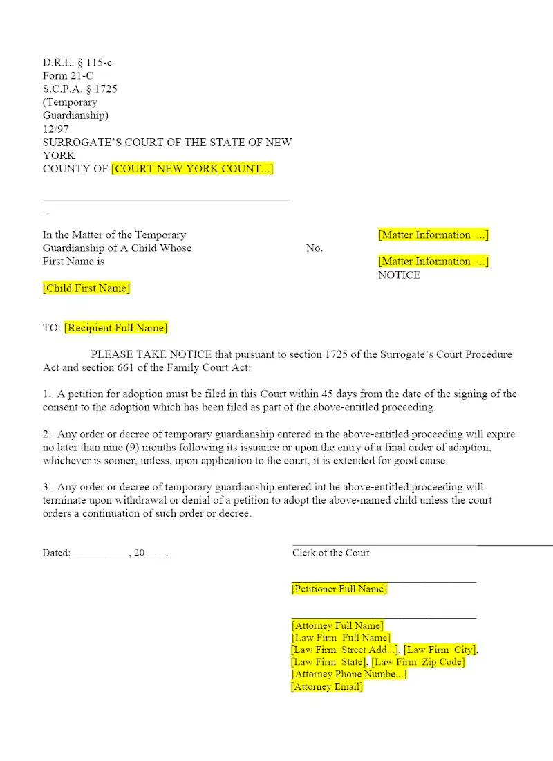 Notice (Temporary Guardianship of the Person) (21-C)