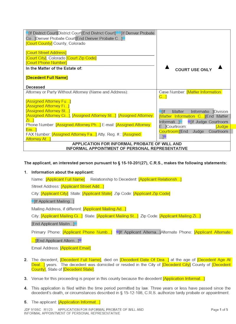 Application for Informal Probate of Will (JDF 910)