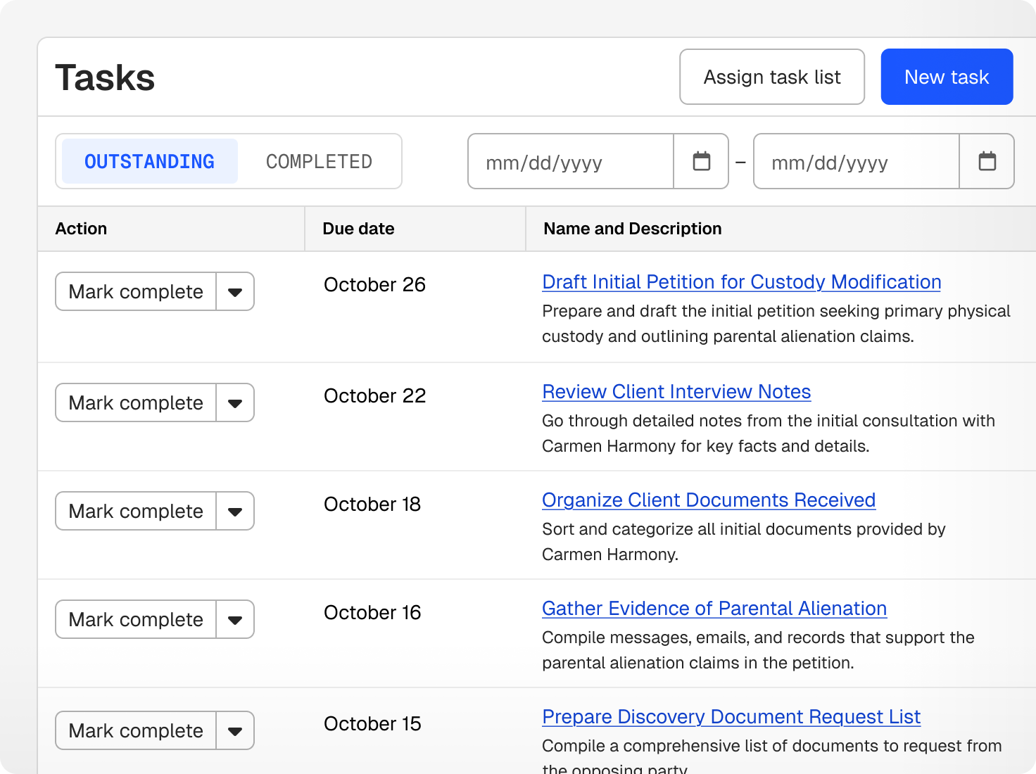 A task management interface displaying outstanding tasks with due dates and descriptions, including options to mark tasks complete, assign task lists, or create new tasks.