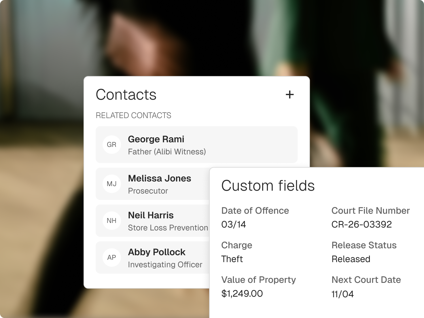 A criminal matter’s related contacts, including an alibi witness, prosecutor, and investigating officer, beside custom fields for the charge, court file number, release status, and next court date.