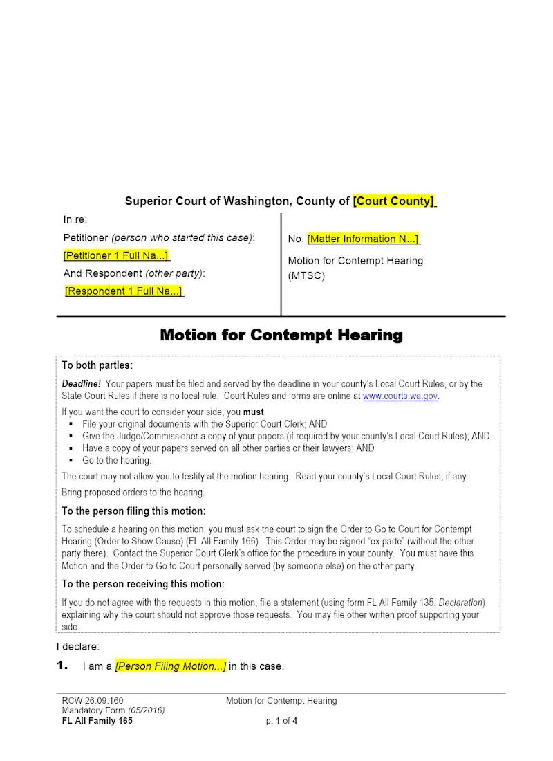 Motion for Contempt Hearing (Form FAM 165)