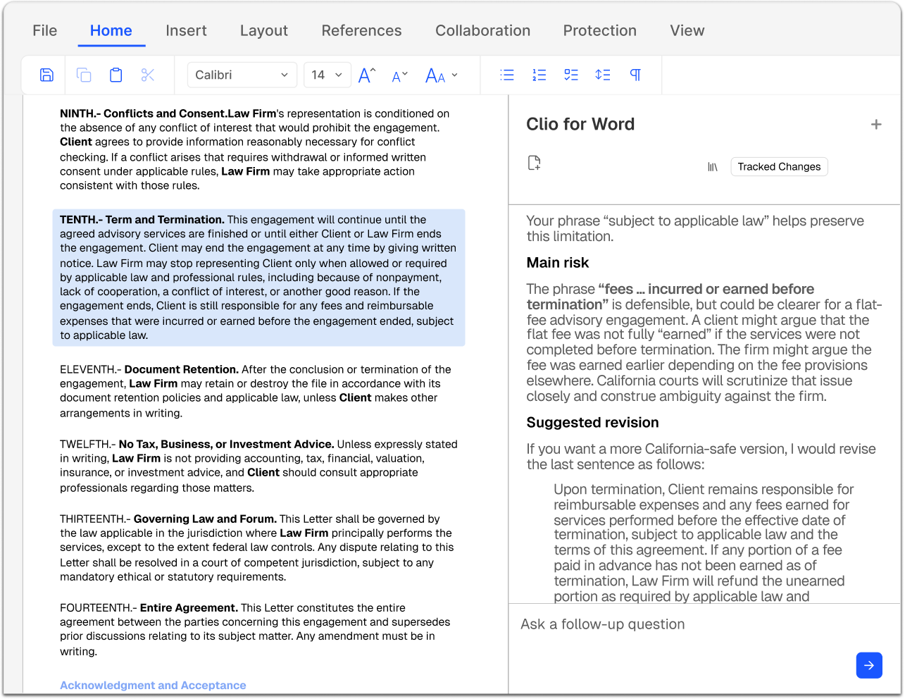 Clio for Word open beside a contract in Microsoft Word, flagging a risk and suggesting a revision.