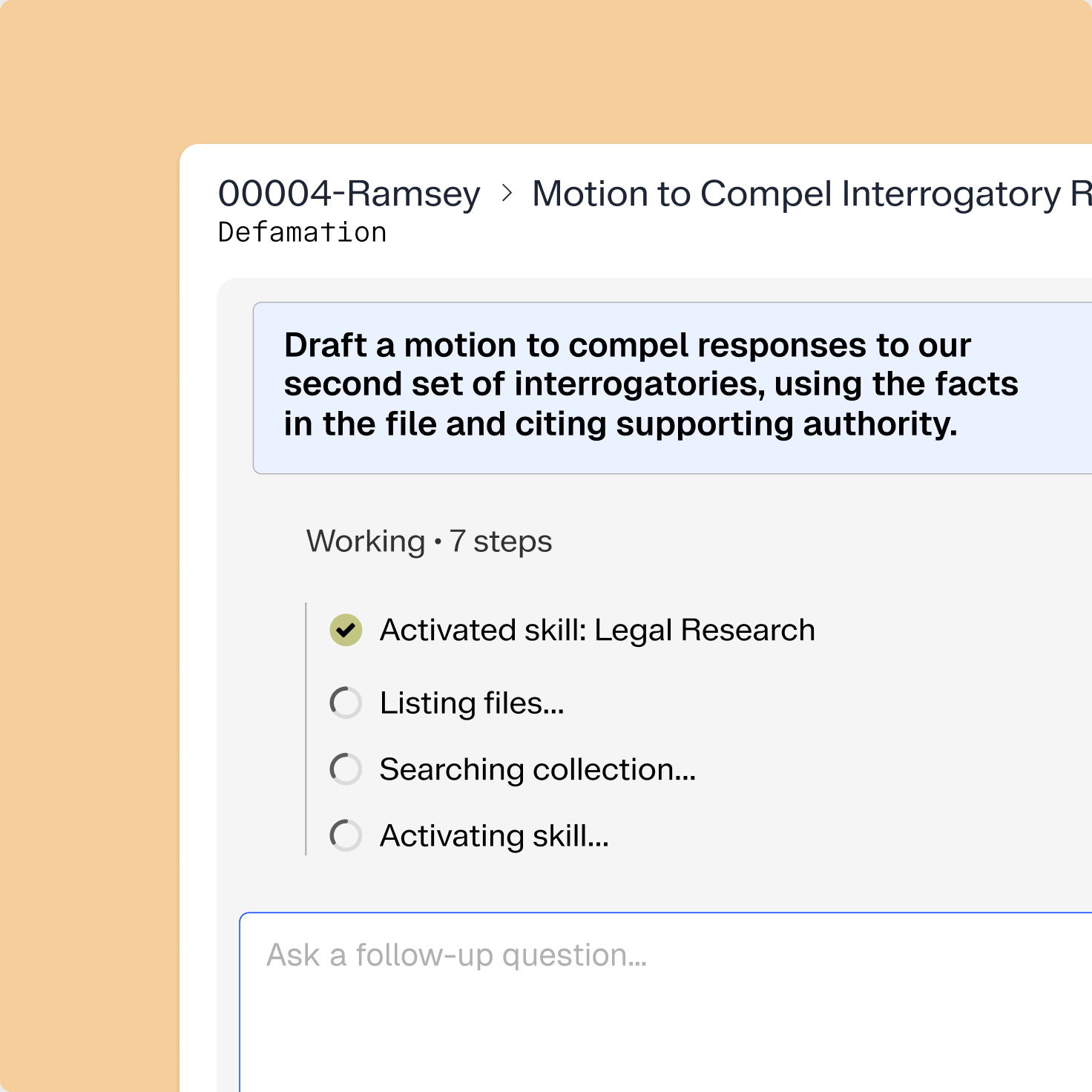 Legal AI interface displaying a task to draft a motion to compel interrogatories, with 'Legal Research' skill activated.