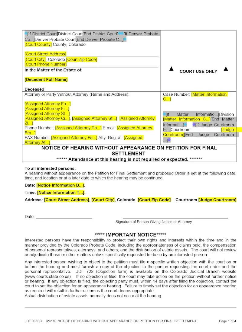 Notice of Hearing without Appearance, Final Settlement (JDF 963)