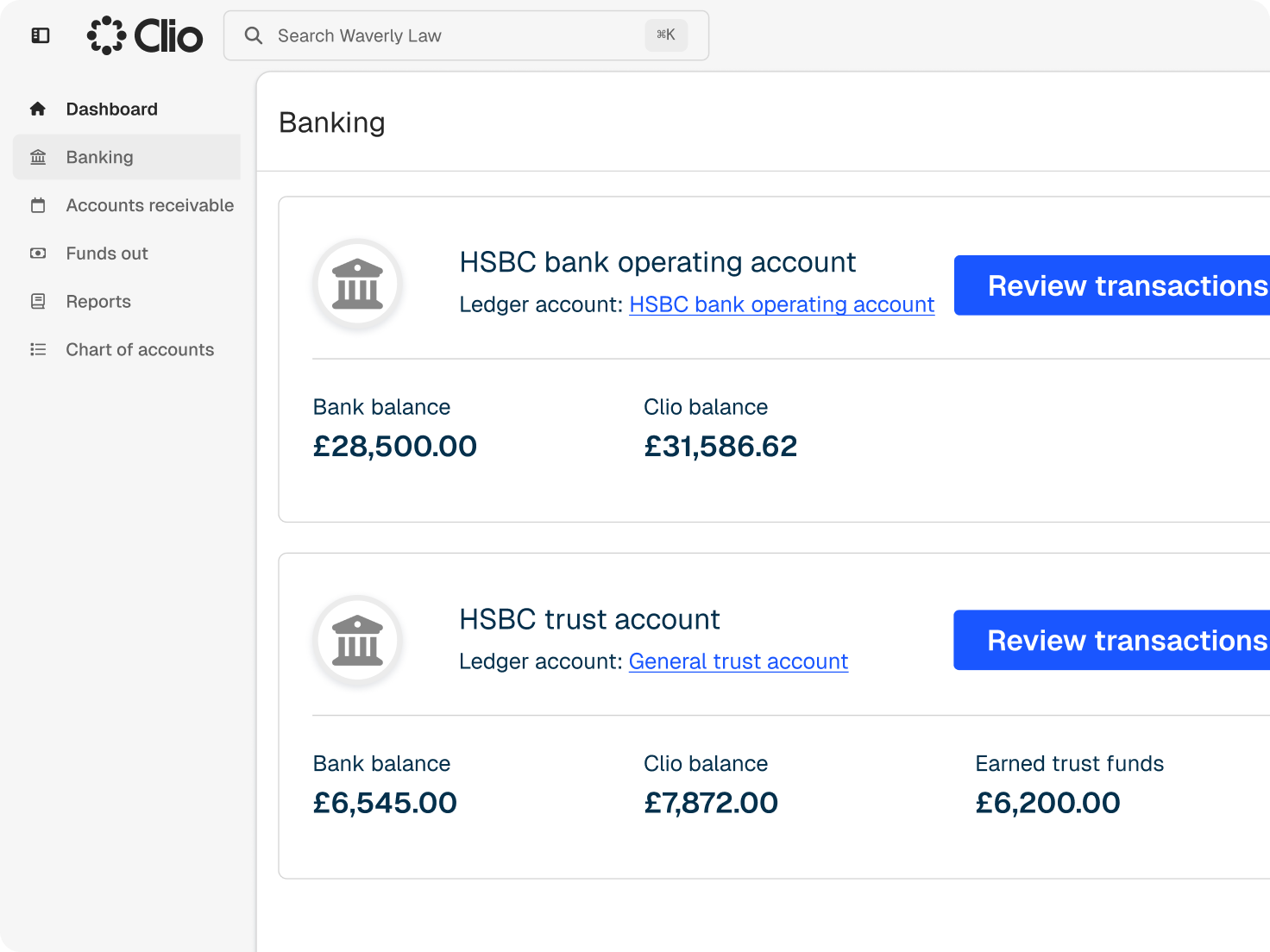 Clio software's banking page displaying an HSBC operating account and an HSBC trust account with their bank and Clio balances.