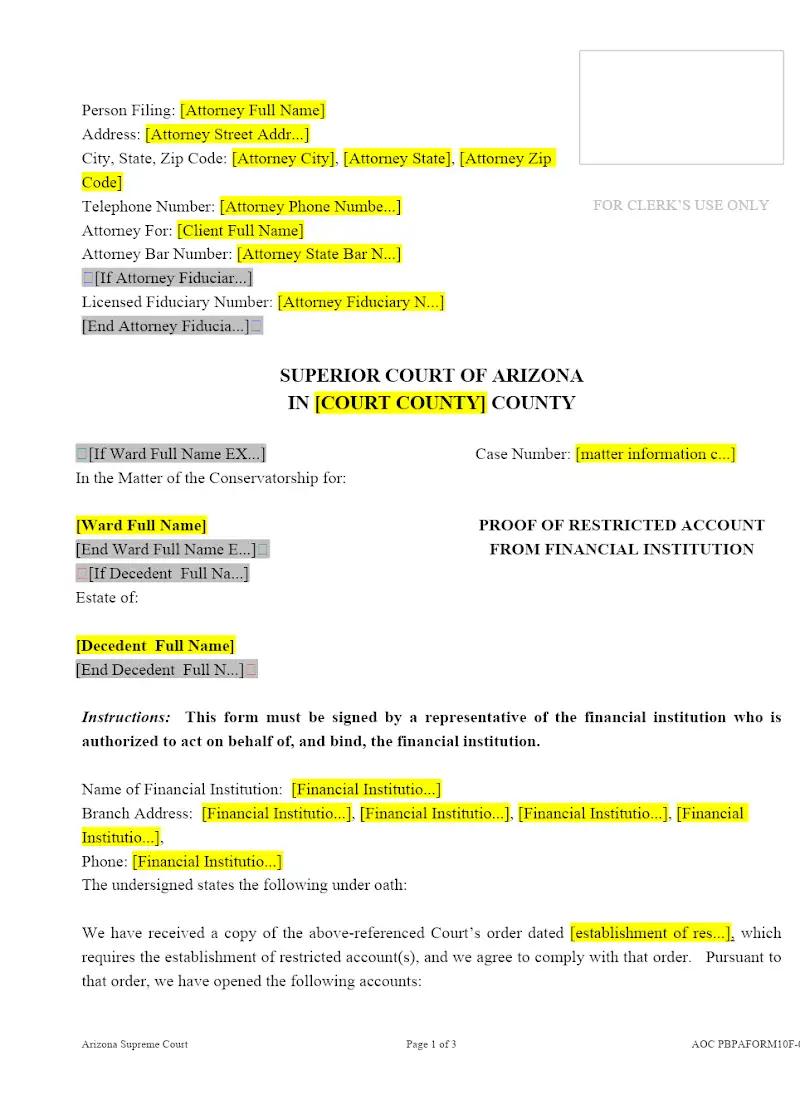 Proof of Restricted Account from Financial Institution (Form 10)