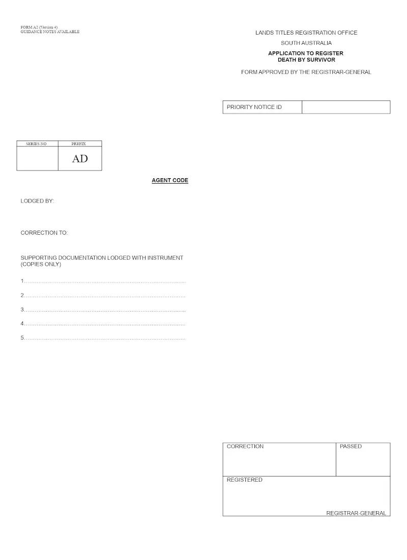 Application to Register Death by Survivor (Form A2)