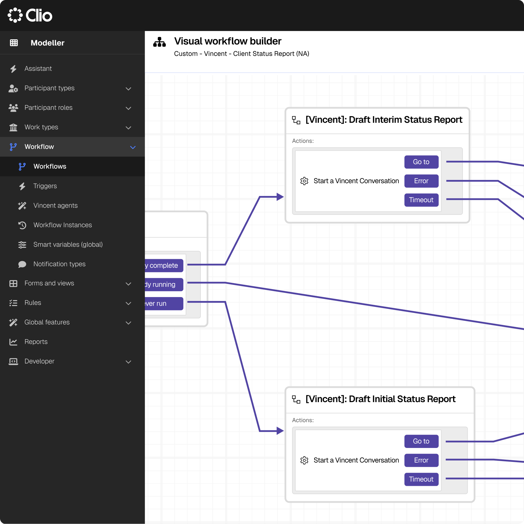 A Clio Operate matter dashboard showing the matter plan chart, worklist, key case facts, client details and comments.