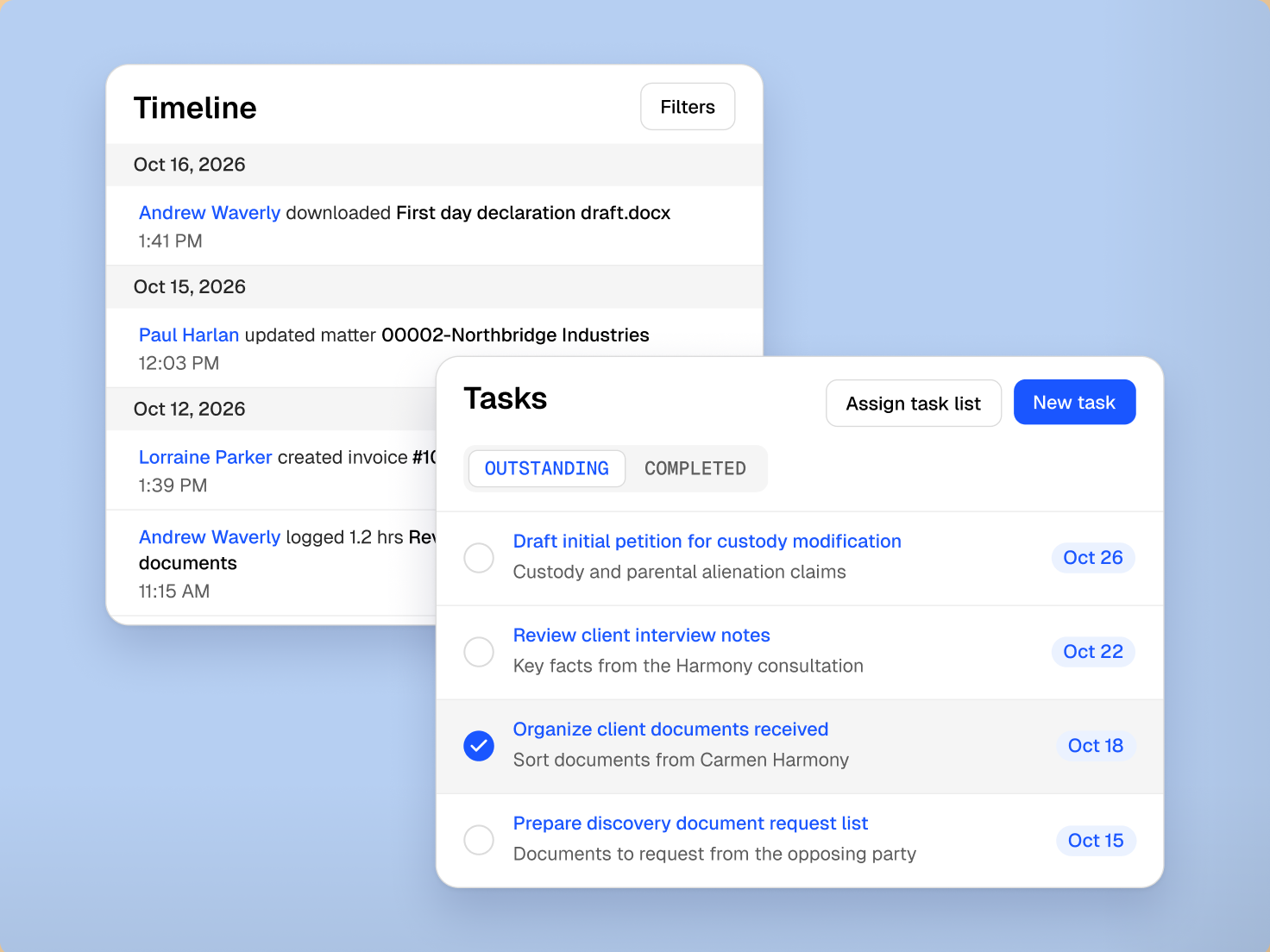 Two overlapping software windows displaying a timeline of recent activities and a list of outstanding tasks with due dates.