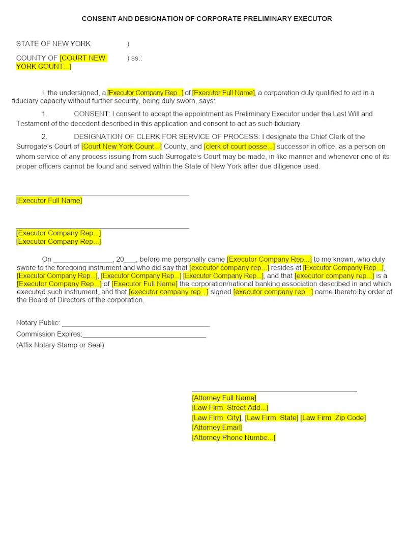 Consent and Designation of Corporate Preliminary Executor (Inside NYS)