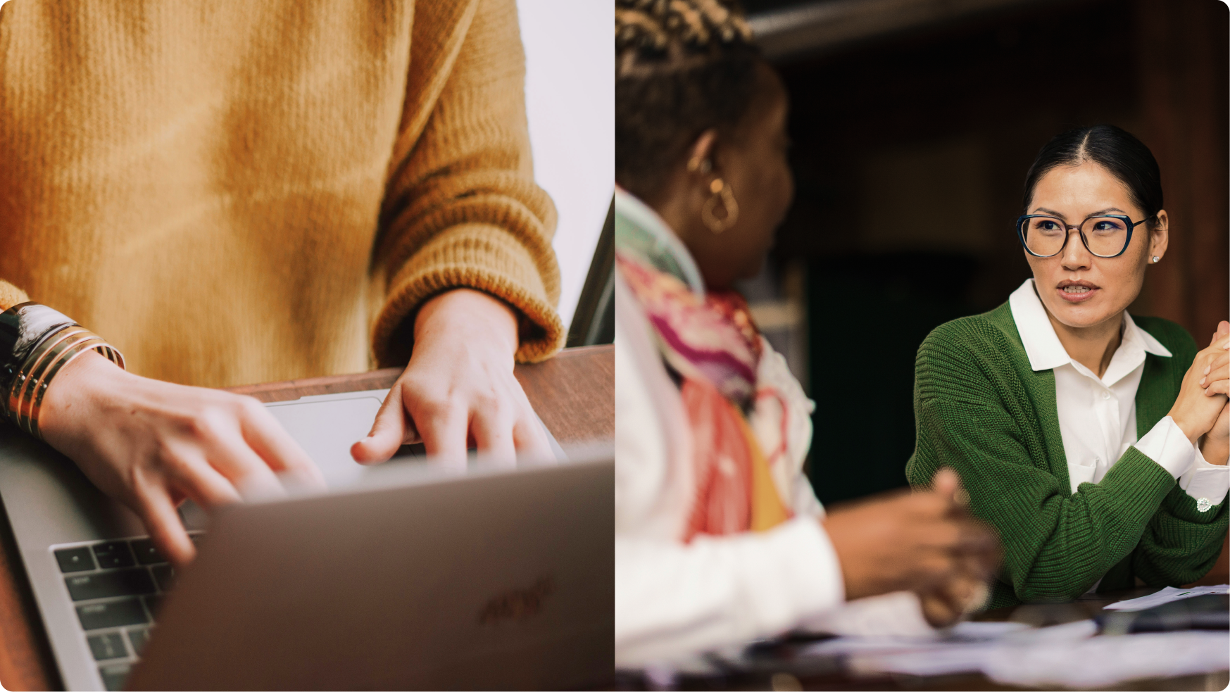 A split image showing hands typing on a laptop and two women conversing.