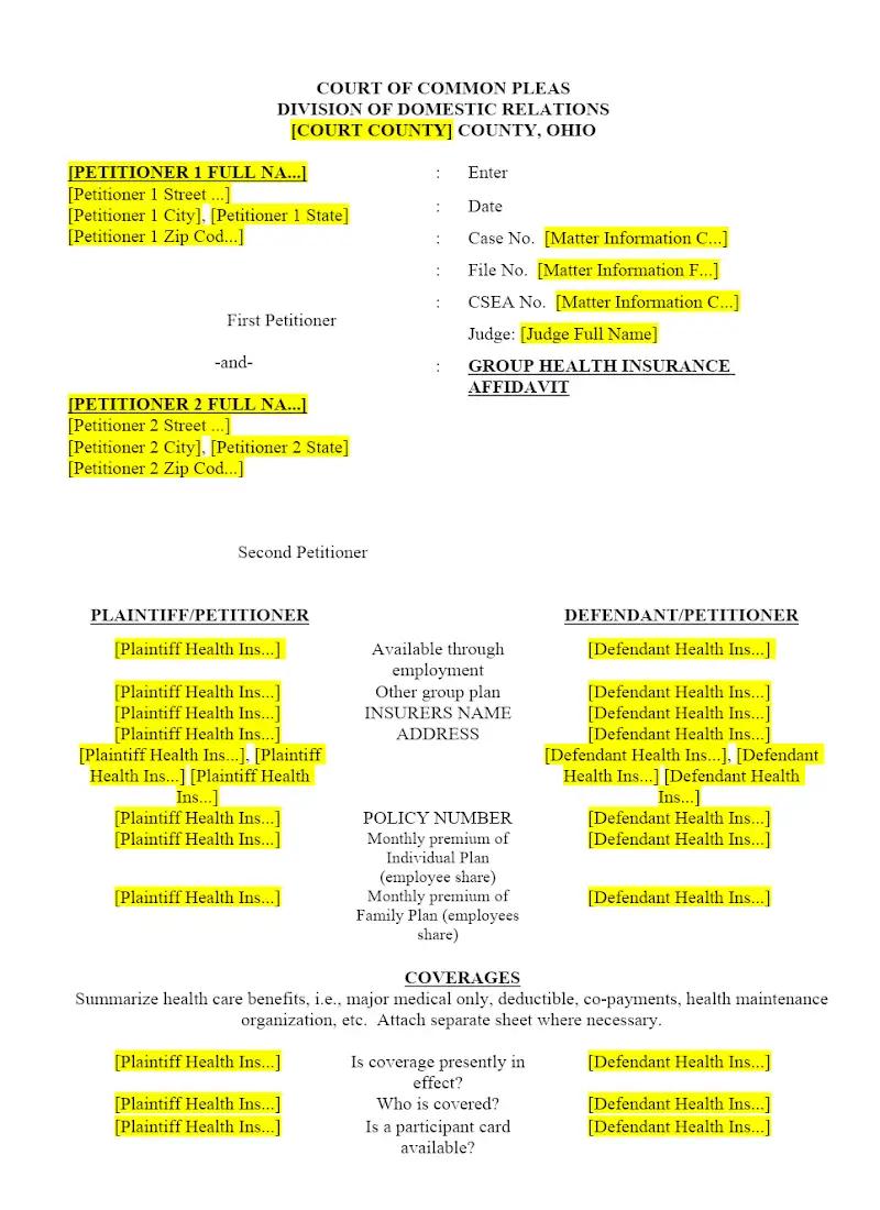 Group Health Insurance Affidavit