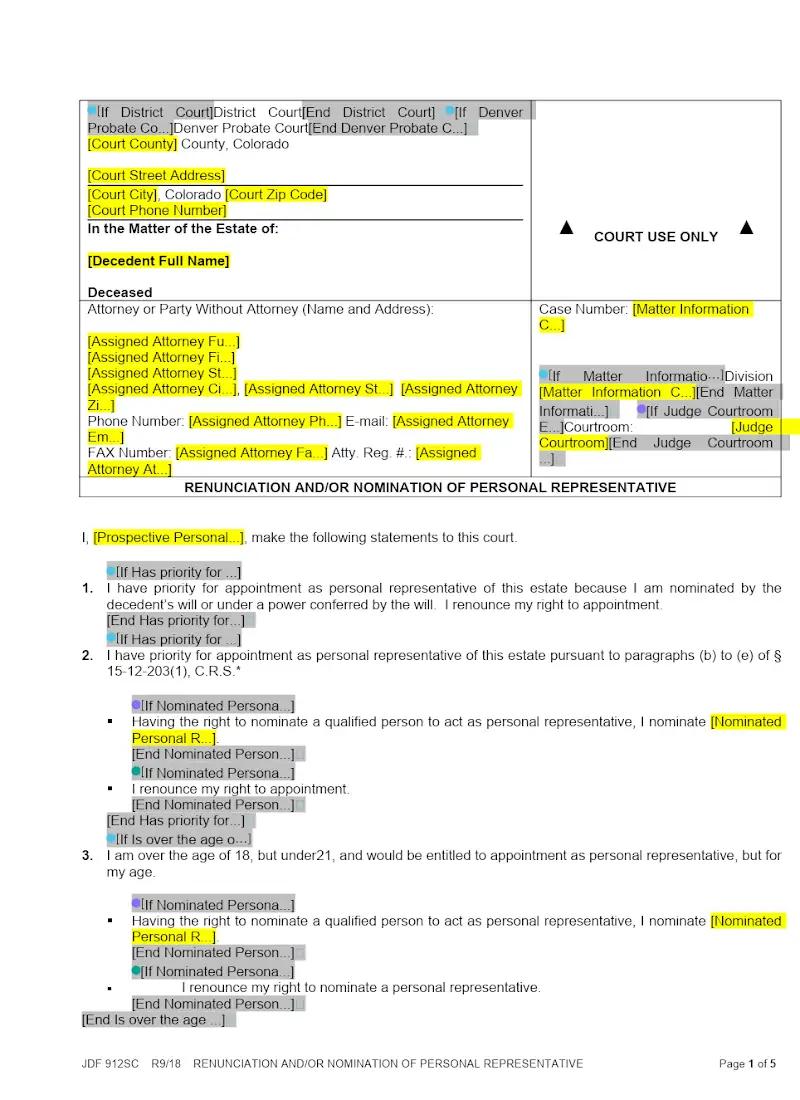 Renunciation and/or Nomination of PR (JDF 912)