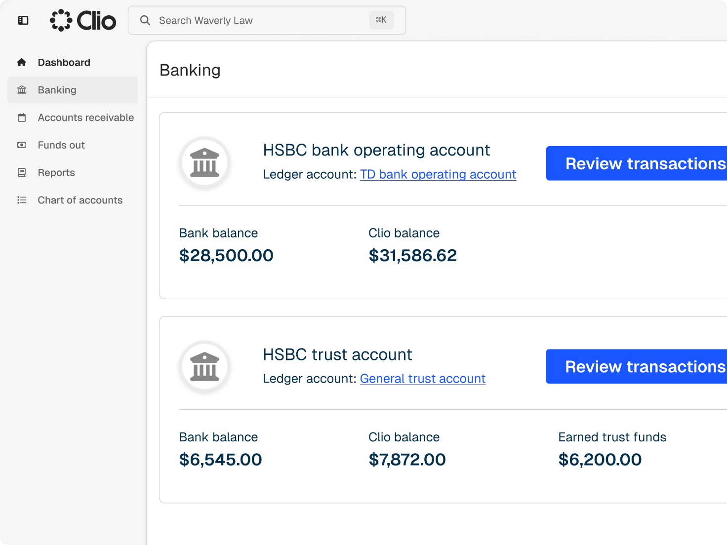 Clio banking interface showing HSBC operating and trust accounts with their bank and Clio balances.