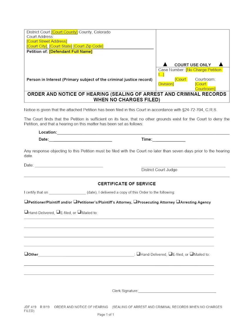 Order and Notice of Hearing - sealing records (JDF 419)