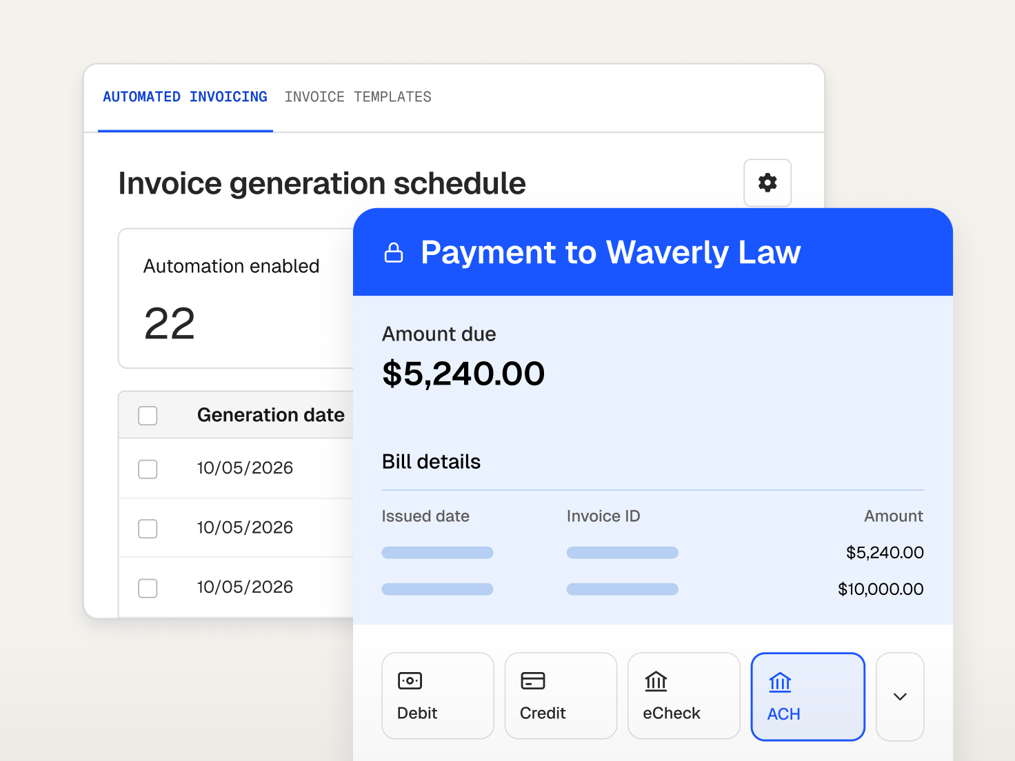 A financial software interface displaying an automated billing schedule and a payment page for $5,240.00 to Waverly Law, with ACH payment selected.