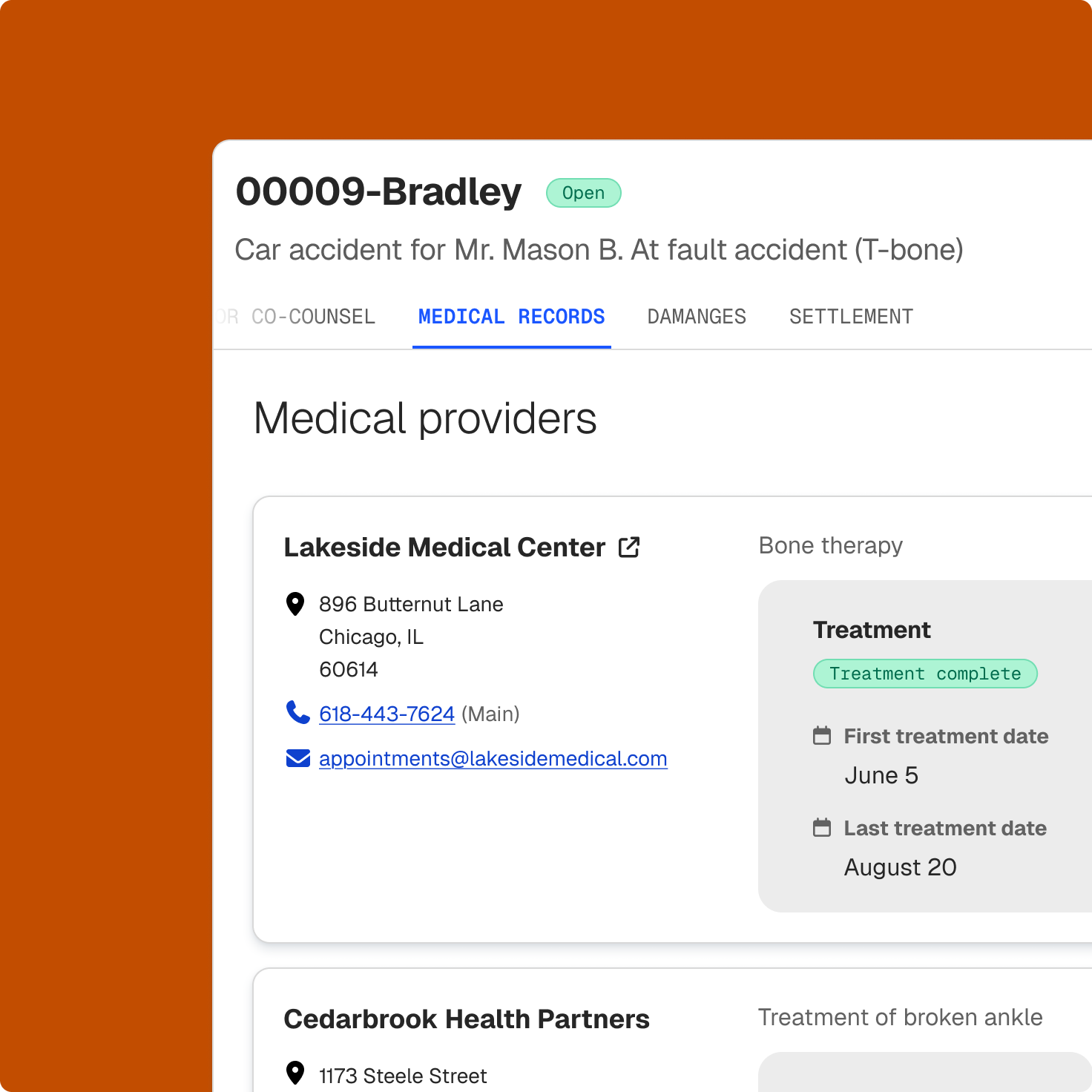A digital interface displaying medical records for a car accident case, showing details for Lakeside Medical Center's "Bone therapy" treatment.