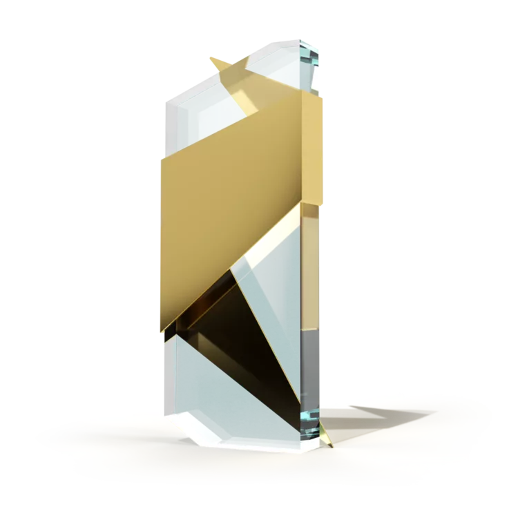 Geometric crystal award with gold accents.