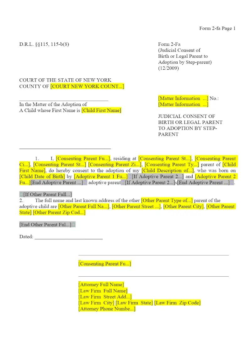 Judicial Consent (Birth or Legal Parent - Private Placement Step-Parent) (2-Fa)