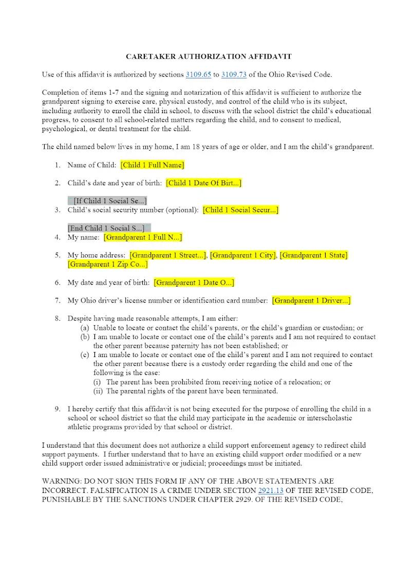 Caretaker Authorization Affidavit
