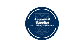 Blue circular badge with white text: "Approved Supplier Law Society of Scotland" and the society's crest.