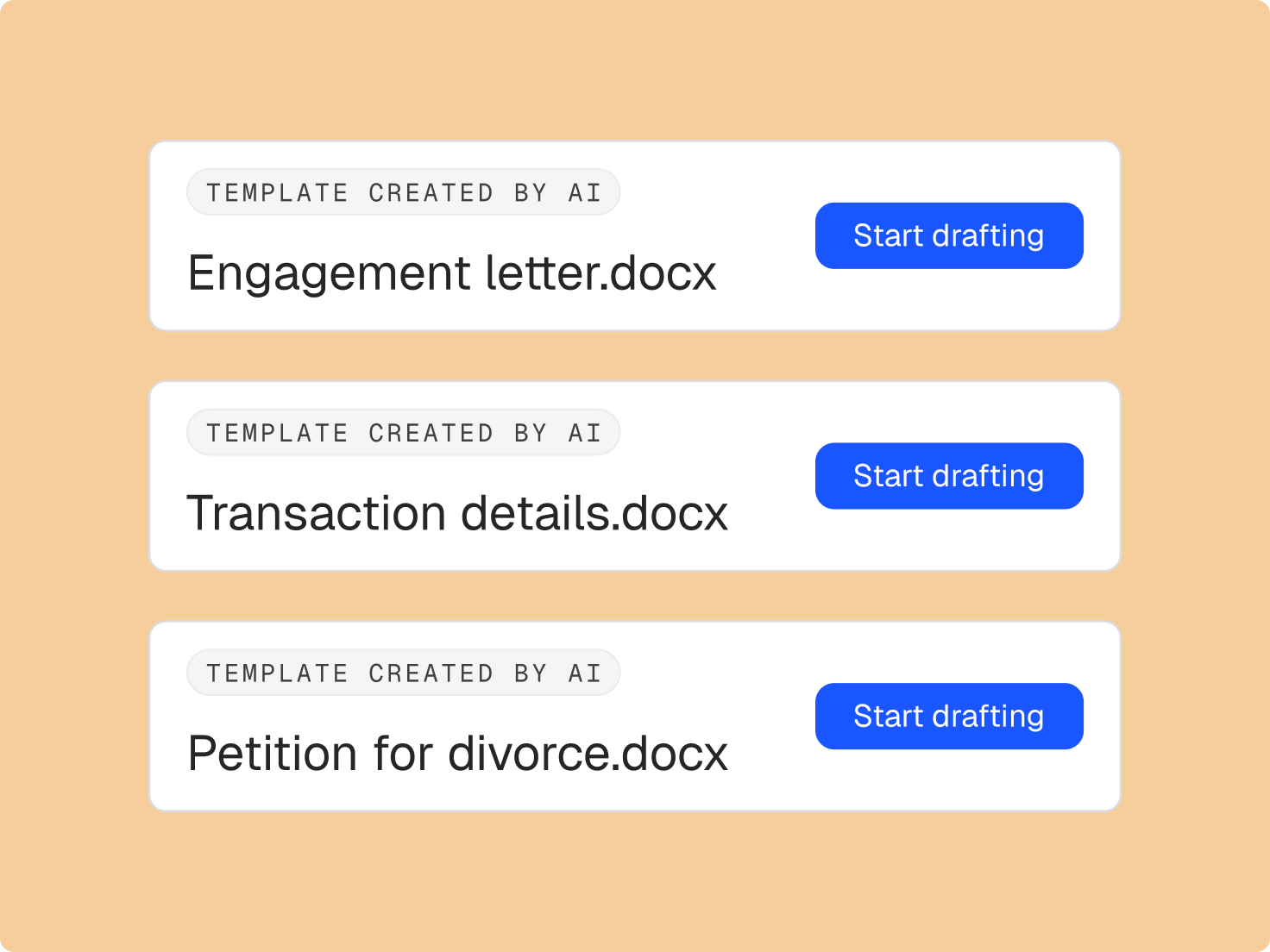AI-generated document templates for an engagement letter, transaction details, and petition for divorce, each with a "Start drafting" button.