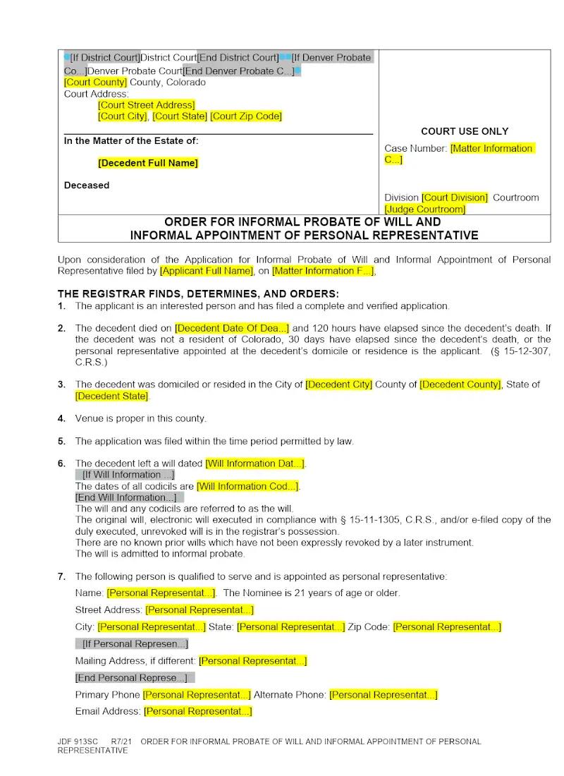 Order for Informal Probate (JDF 913)