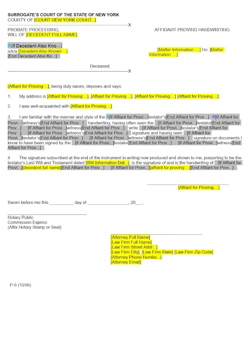 Affidavit Proving Handwriting (Form P-9)