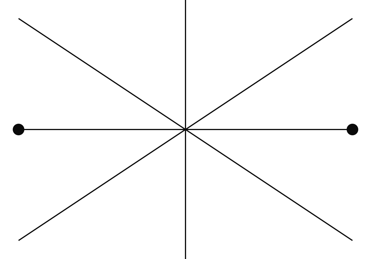 Starburst pattern of black lines with two black dots on a horizontal line.