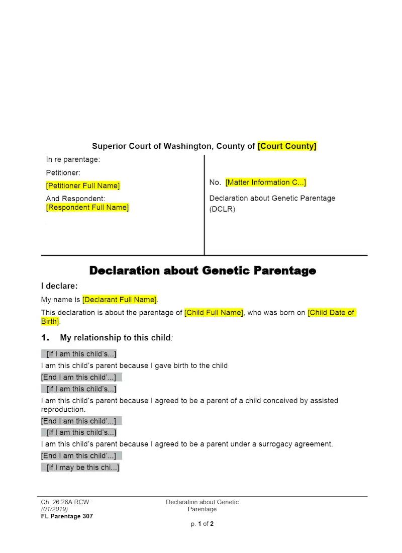 Declaration about Genetic Parentage (Form FAM 307)