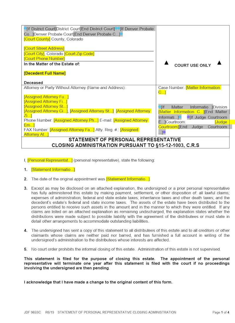 Statement of PR Closing Administration (JDF 965)