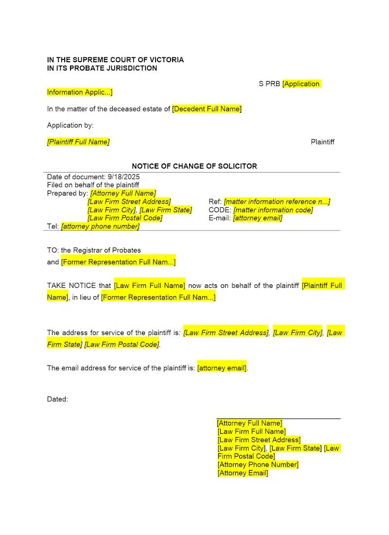 Notice of Change of Solicitor
