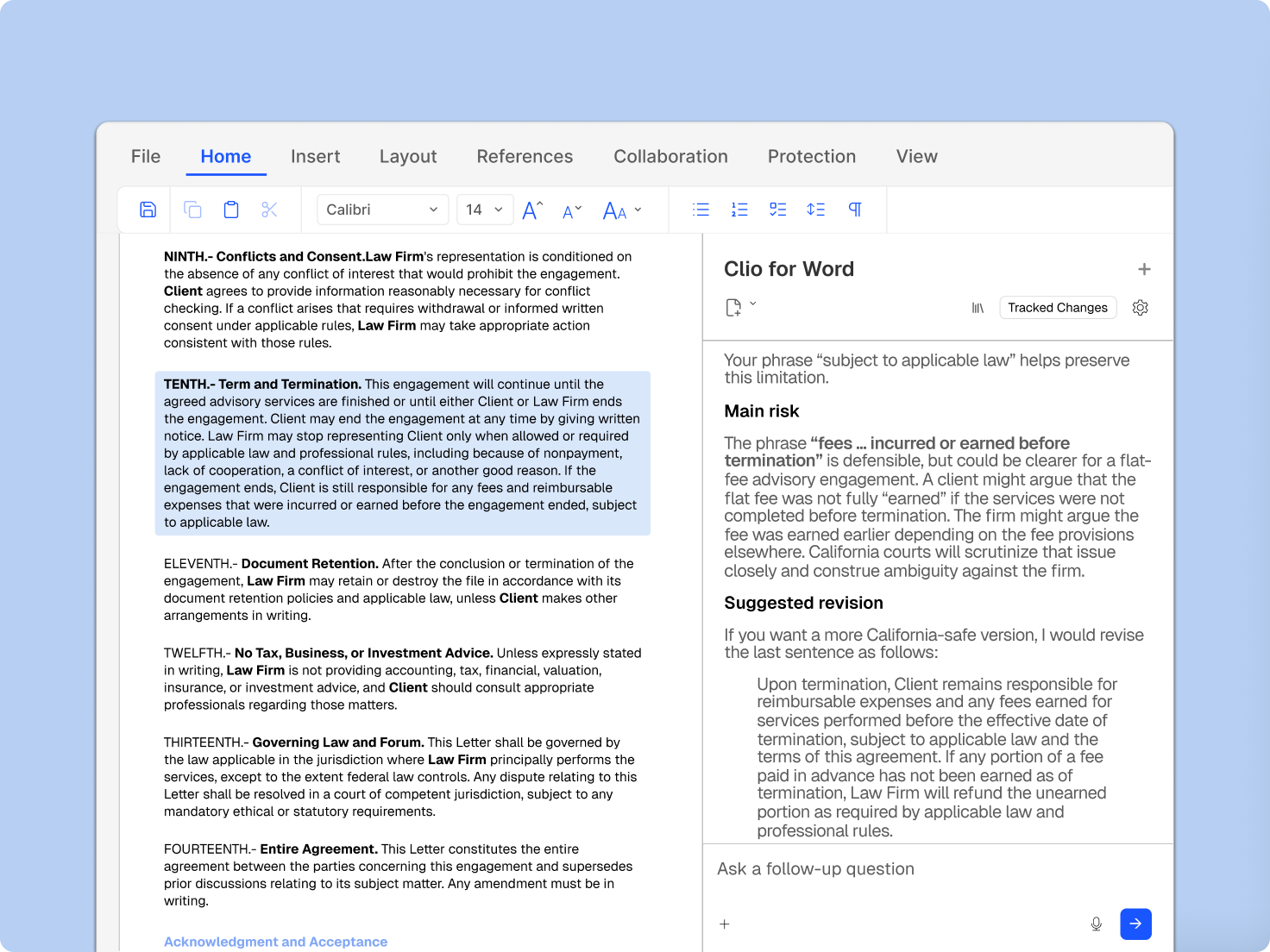 A screen showing a legal document in a word processor with a "Clio for Word" sidebar providing risk analysis and suggested revisions.