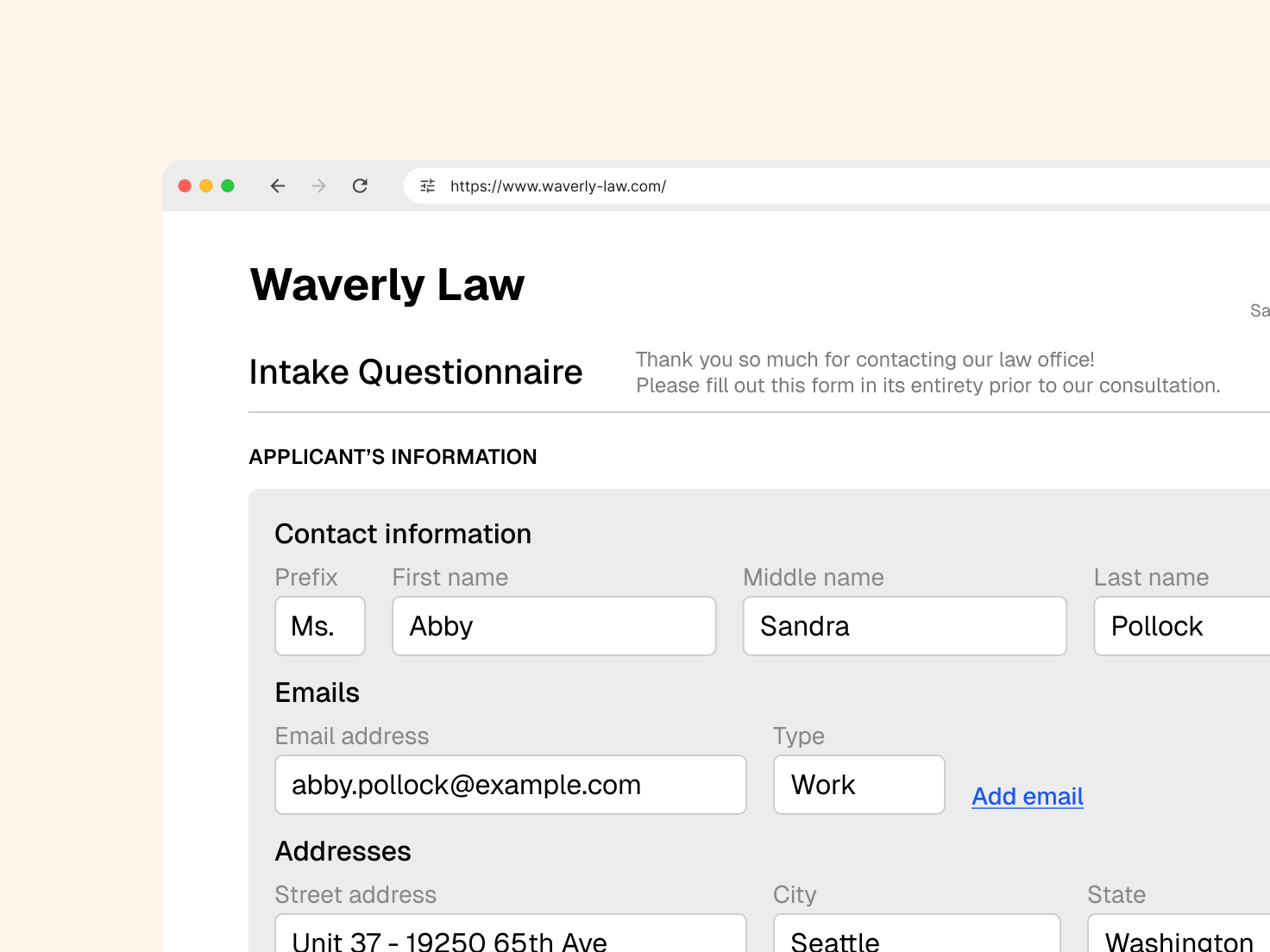 A Waverly Law intake questionnaire showing contact details for Abby Sandra Pollock partially filled out.
