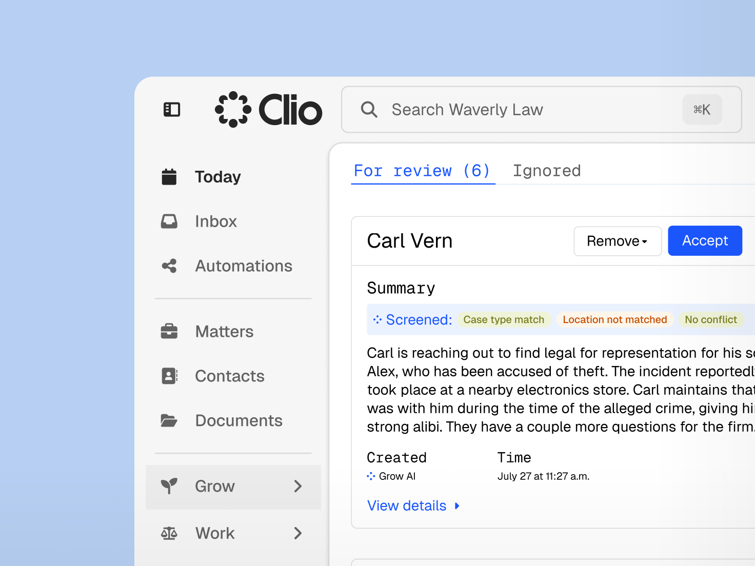 Clio legal software interface showing an AI-generated client lead for review, detailing 'Carl Vern's' case summary and screening results.