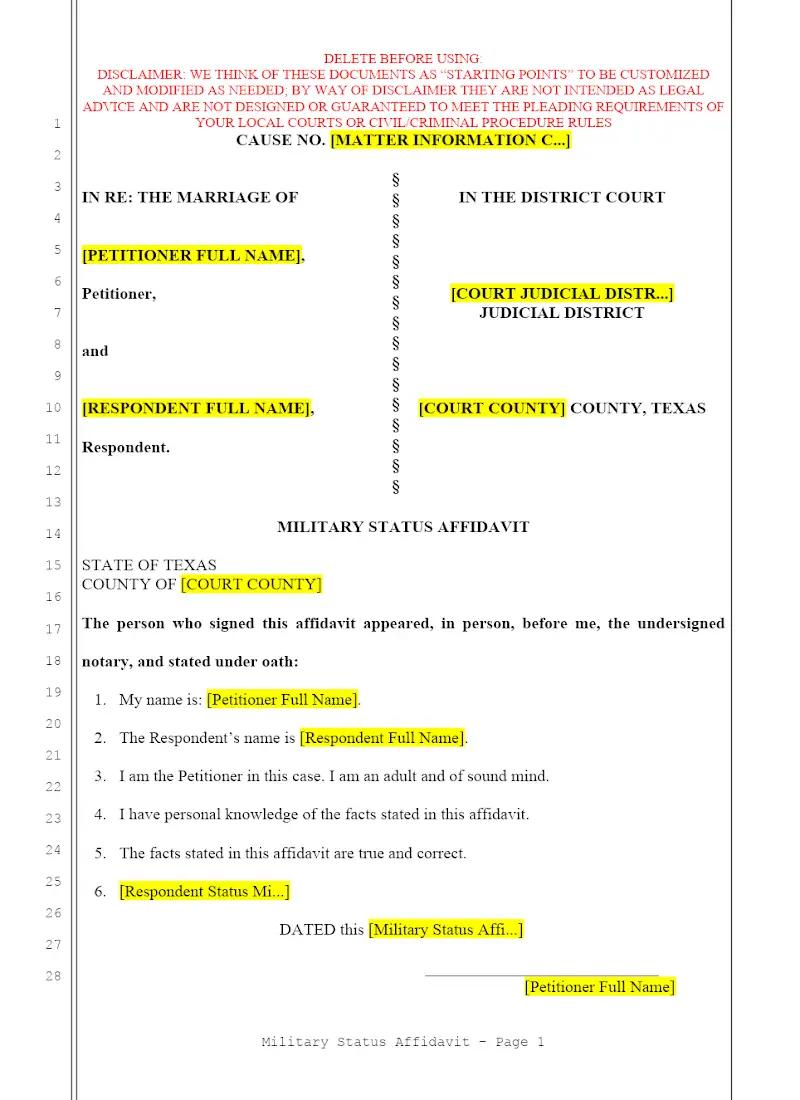 Military Status Affidavit