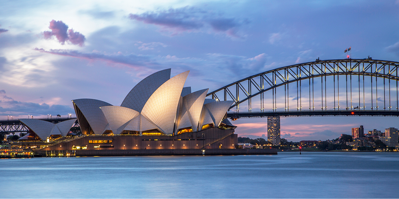 Sydney Opera House and Harbour Bridge at dusk.