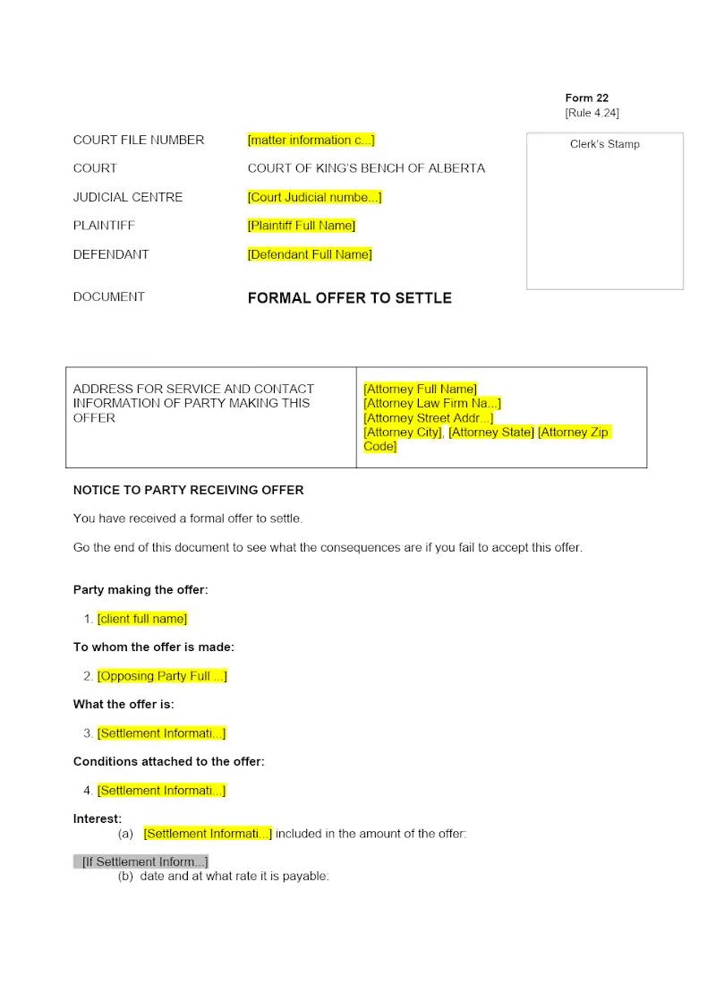 Formal Offer to Settle (Form 22)