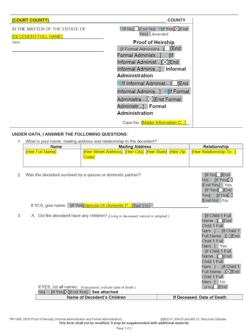 Proof of Heirship - Informal and Formal Administration (PR-1806)