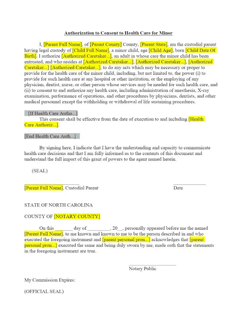 Statutory form authorization to consent to health care for minor