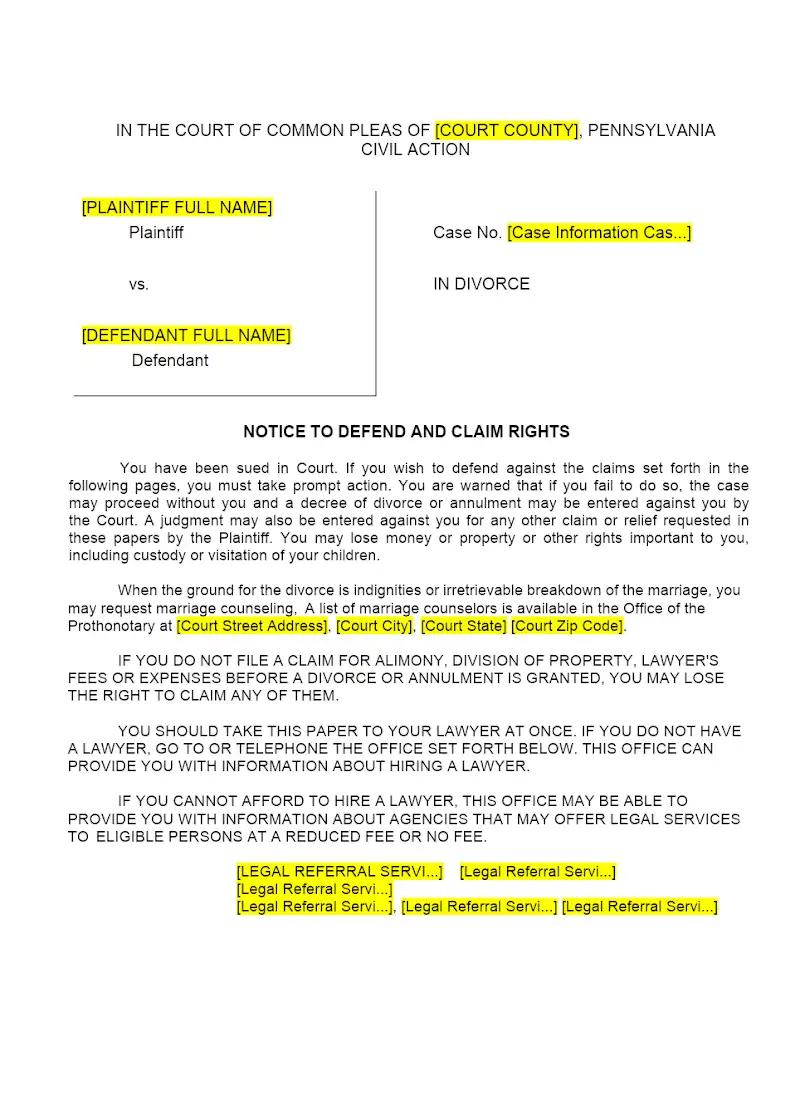 Notice to Defend and Divorce Complaint (Form 1)