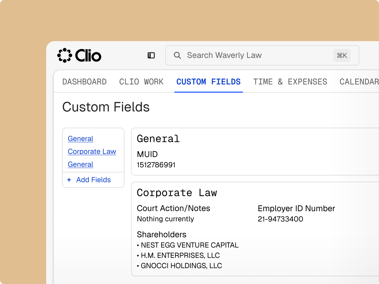 Clio legal software's 'Custom Fields' page displaying custom data fields for 'General' and 'Corporate Law'.