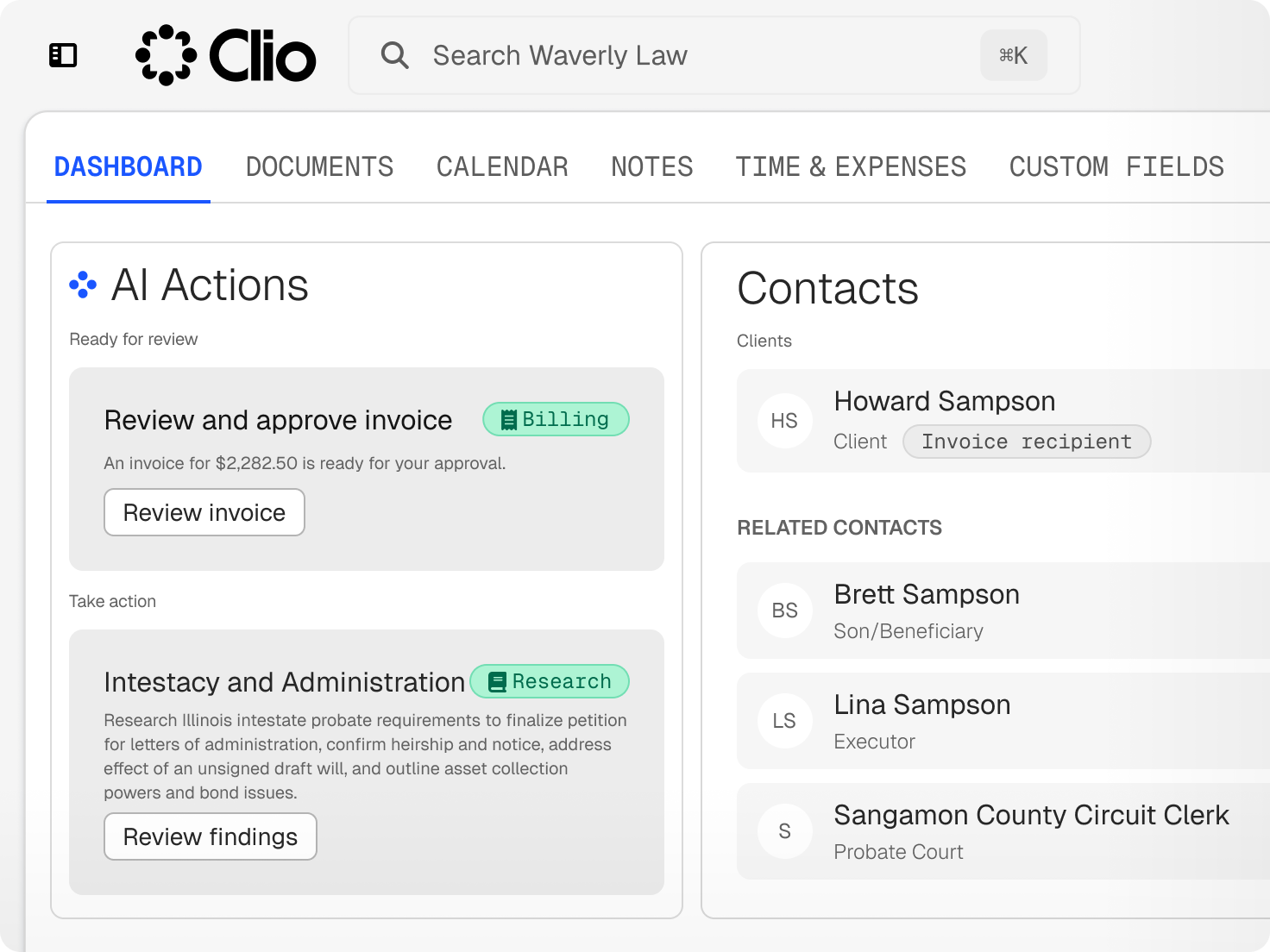 Clio legal software dashboard displaying AI-generated tasks for billing and research, alongside a list of contacts.